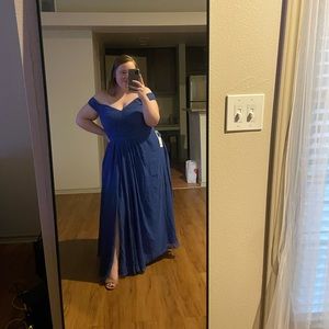 Azazie Audrianna off the shoulder blue bridesmaid dress formal long dress